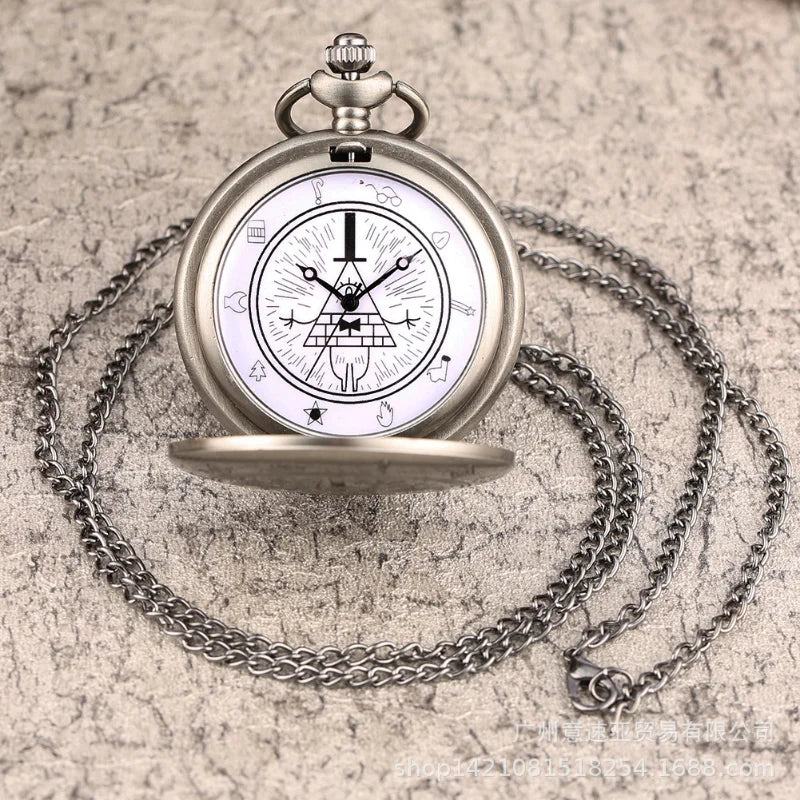Disney Movie Gravity Fall Bill Cipher Time Gem Necklace Quartz Pocket Watch Weird Town Triangle One-Eyed Devil Pendant Chain Toy