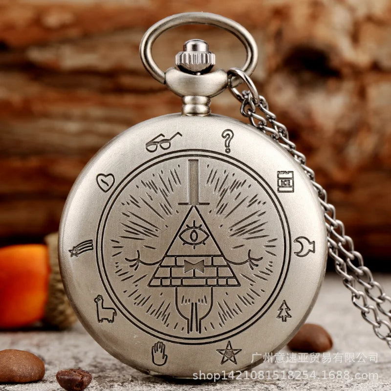 Disney Movie Gravity Fall Bill Cipher Time Gem Necklace Quartz Pocket Watch Weird Town Triangle One-Eyed Devil Pendant Chain Toy