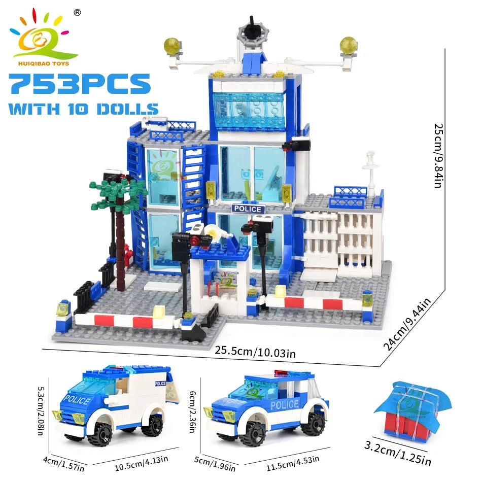 Police Station Building Blocks Set HUIQIBAO 753PCS DIY Car Figures Bricks Educational Toys For Children Adult Gift