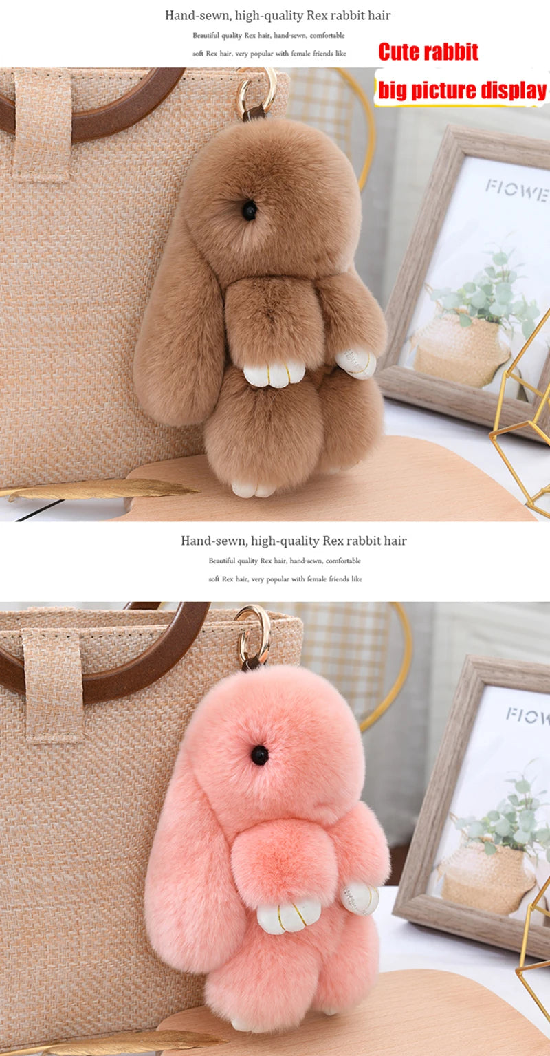 Cute Fluffy Bunny Keychain 100% Natural Rex Rabbit Fur Model Size Real Fur Key Chains Bag Toys Doll Lovely Keyring Pendant
