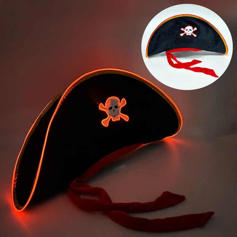 LED Pirate Hat Pirate Theme Holiday Cosplay Pirate Costume Decorations Glowing Captain Hat Colonial Tricorn Hat Woman Skull Hat