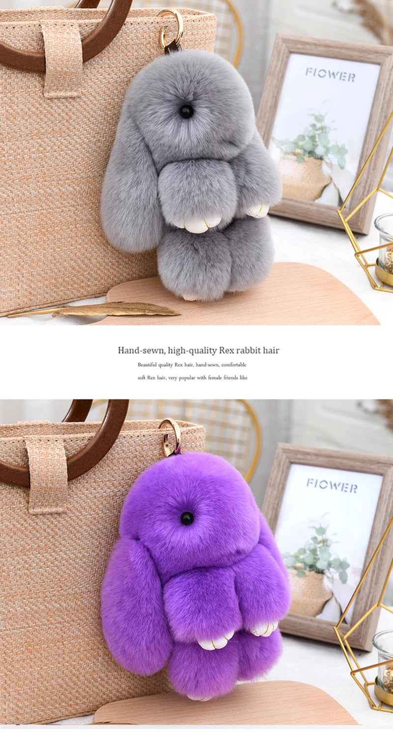 Cute Fluffy Bunny Keychain 100% Natural Rex Rabbit Fur Model Size Real Fur Key Chains Bag Toys Doll Lovely Keyring Pendant