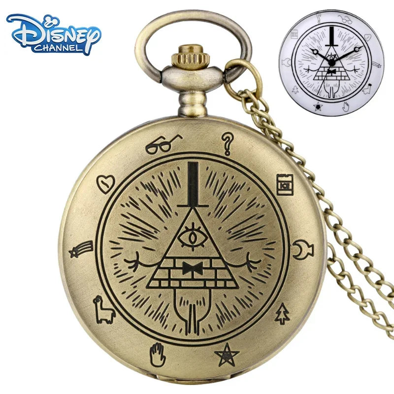Disney Movie Gravity Fall Bill Cipher Time Gem Necklace Quartz Pocket Watch Weird Town Triangle One-Eyed Devil Pendant Chain Toy