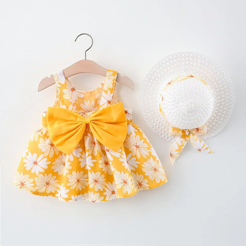 Toddler's Summer FALL Cotton Beach Suspender Dress+Sun Hat
