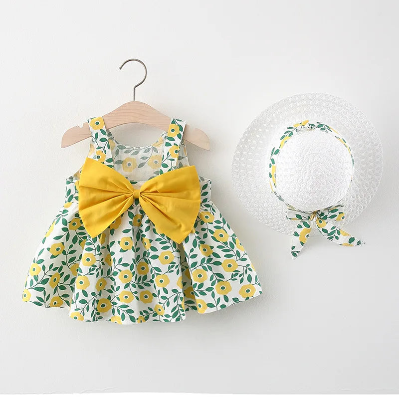 Toddler's Summer FALL Cotton Beach Suspender Dress+Sun Hat