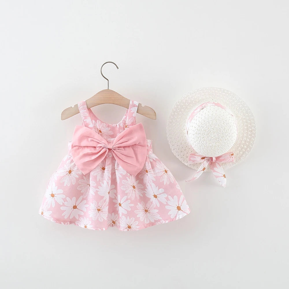 Toddler's Summer FALL Cotton Beach Suspender Dress+Sun Hat
