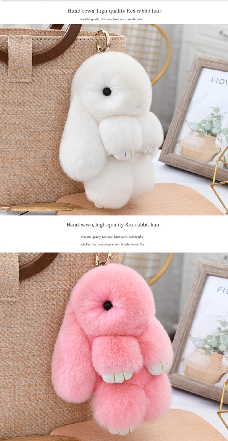 Cute Fluffy Bunny Keychain 100% Natural Rex Rabbit Fur Model Size Real Fur Key Chains Bag Toys Doll Lovely Keyring Pendant