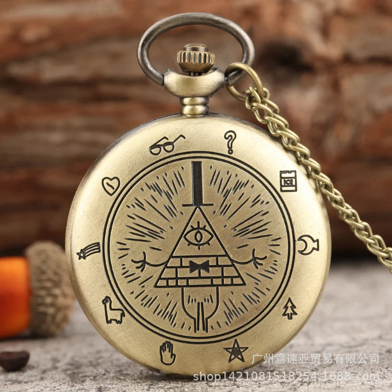 Disney Movie Gravity Fall Bill Cipher Time Gem Necklace Quartz Pocket Watch Weird Town Triangle One-Eyed Devil Pendant Chain Toy