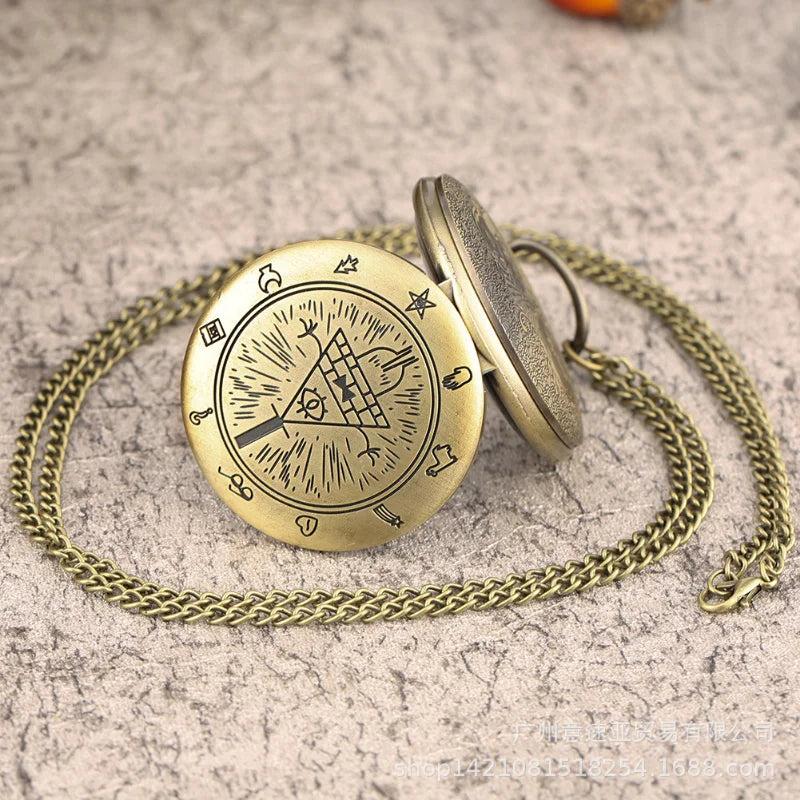 Disney Movie Gravity Fall Bill Cipher Time Gem Necklace Quartz Pocket Watch Weird Town Triangle One-Eyed Devil Pendant Chain Toy