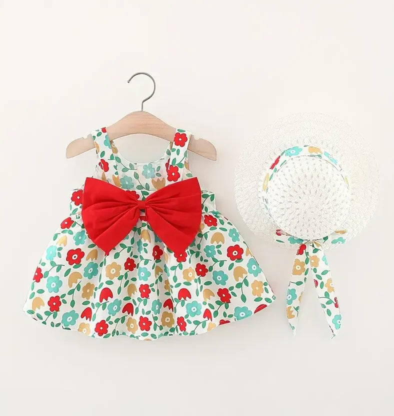 Toddler's Summer FALL Cotton Beach Suspender Dress+Sun Hat