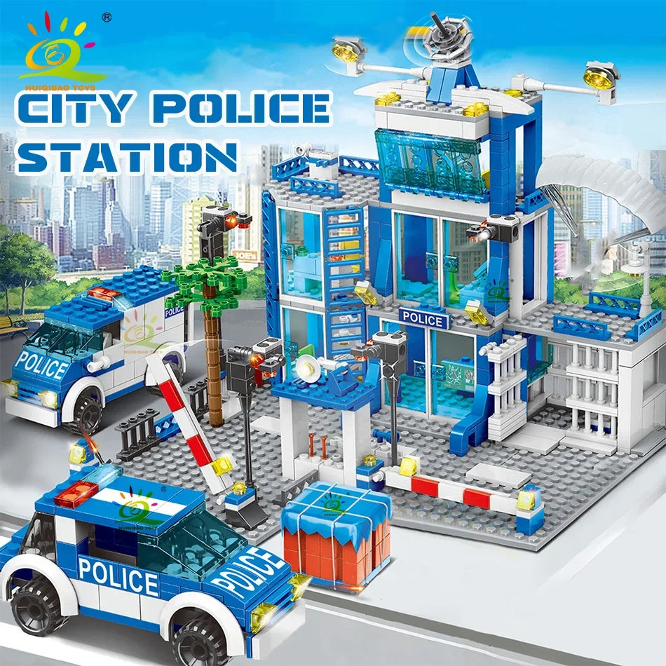 Police Station Building Blocks Set HUIQIBAO 753PCS DIY Car Figures Bricks Educational Toys For Children Adult Gift