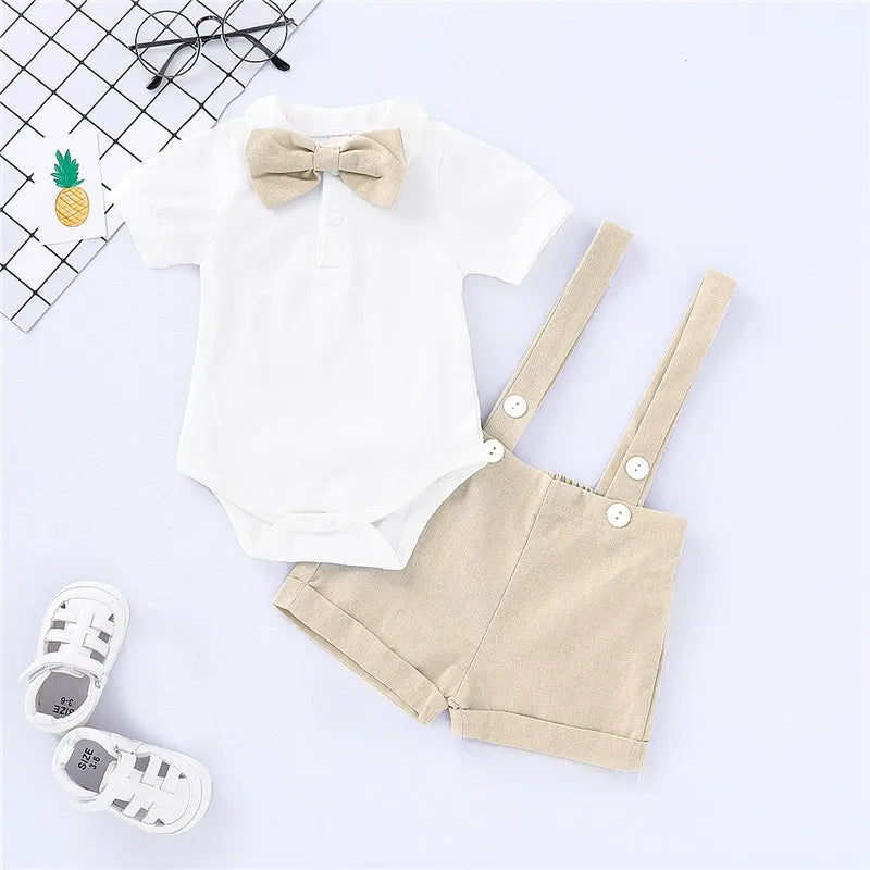 Newborn Baby Boy Gentlemen Clothes Set Bowtie Short Sleeve Cotton Romper+Suspender Pant