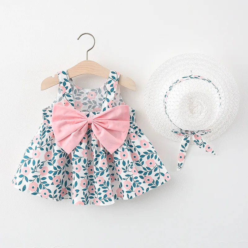 Toddler's Summer FALL Cotton Beach Suspender Dress+Sun Hat