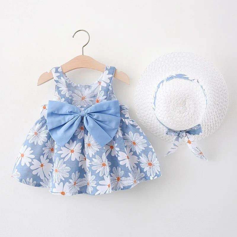 Toddler's Summer FALL Cotton Beach Suspender Dress+Sun Hat