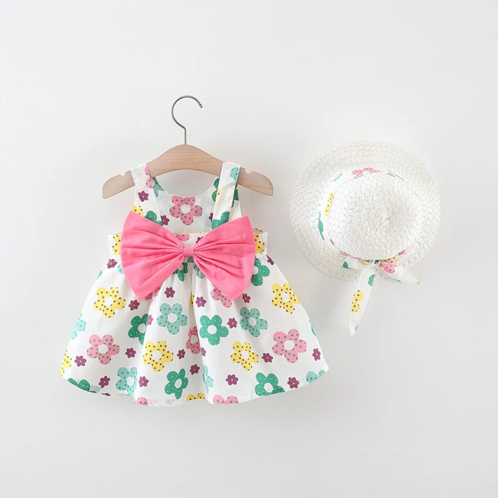 Toddler's Summer FALL Cotton Beach Suspender Dress+Sun Hat