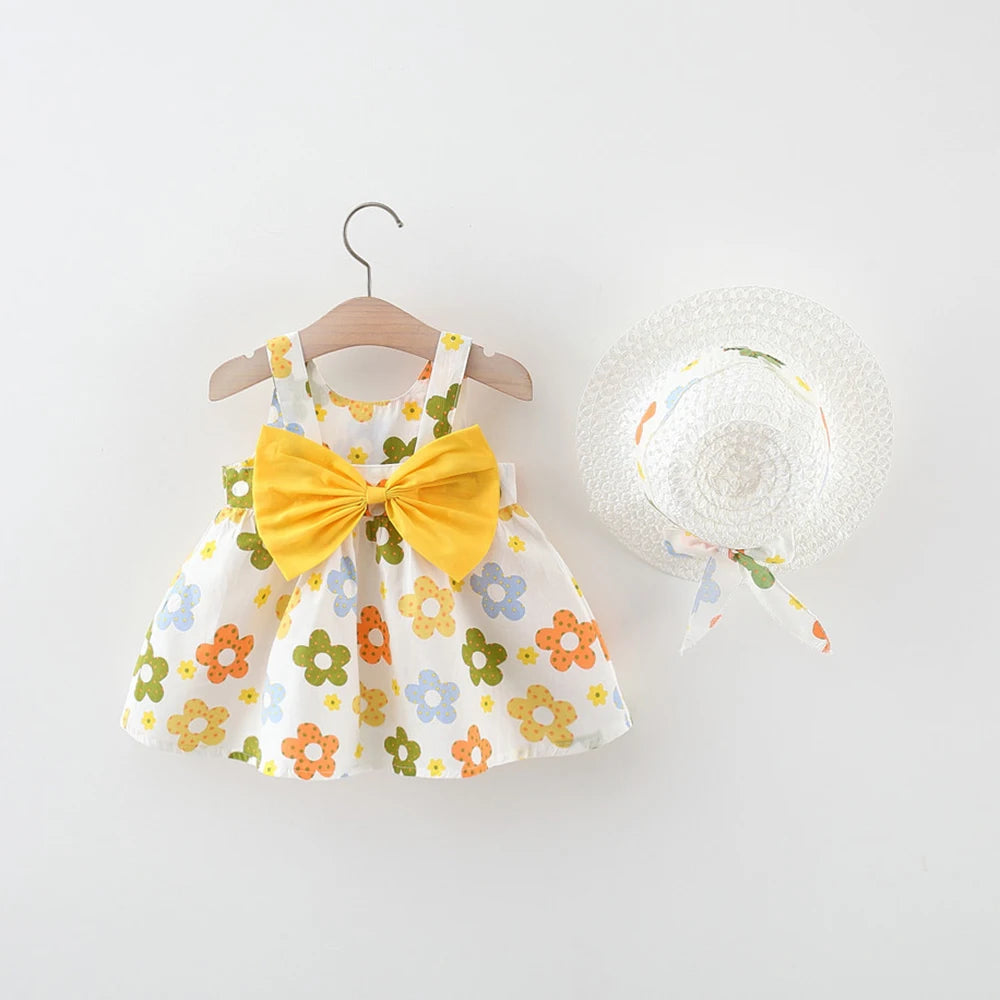 Toddler's Summer FALL Cotton Beach Suspender Dress+Sun Hat