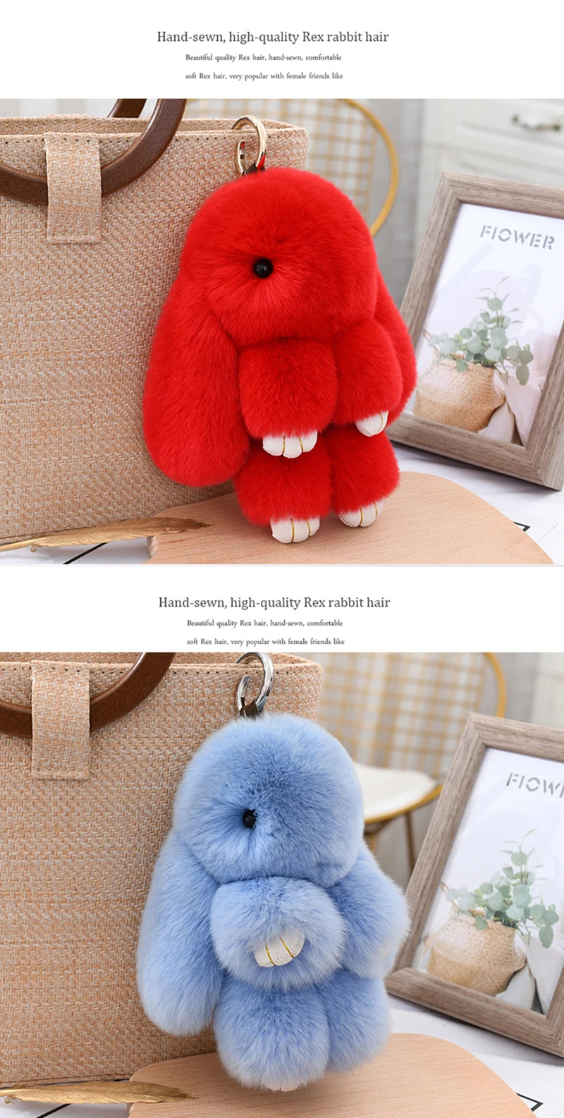 Cute Fluffy Bunny Keychain 100% Natural Rex Rabbit Fur Model Size Real Fur Key Chains Bag Toys Doll Lovely Keyring Pendant