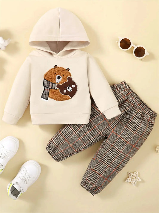 Baby Boy Bear embroidered design Long Sleeve Hoodie Sweatshirt Floral Pants