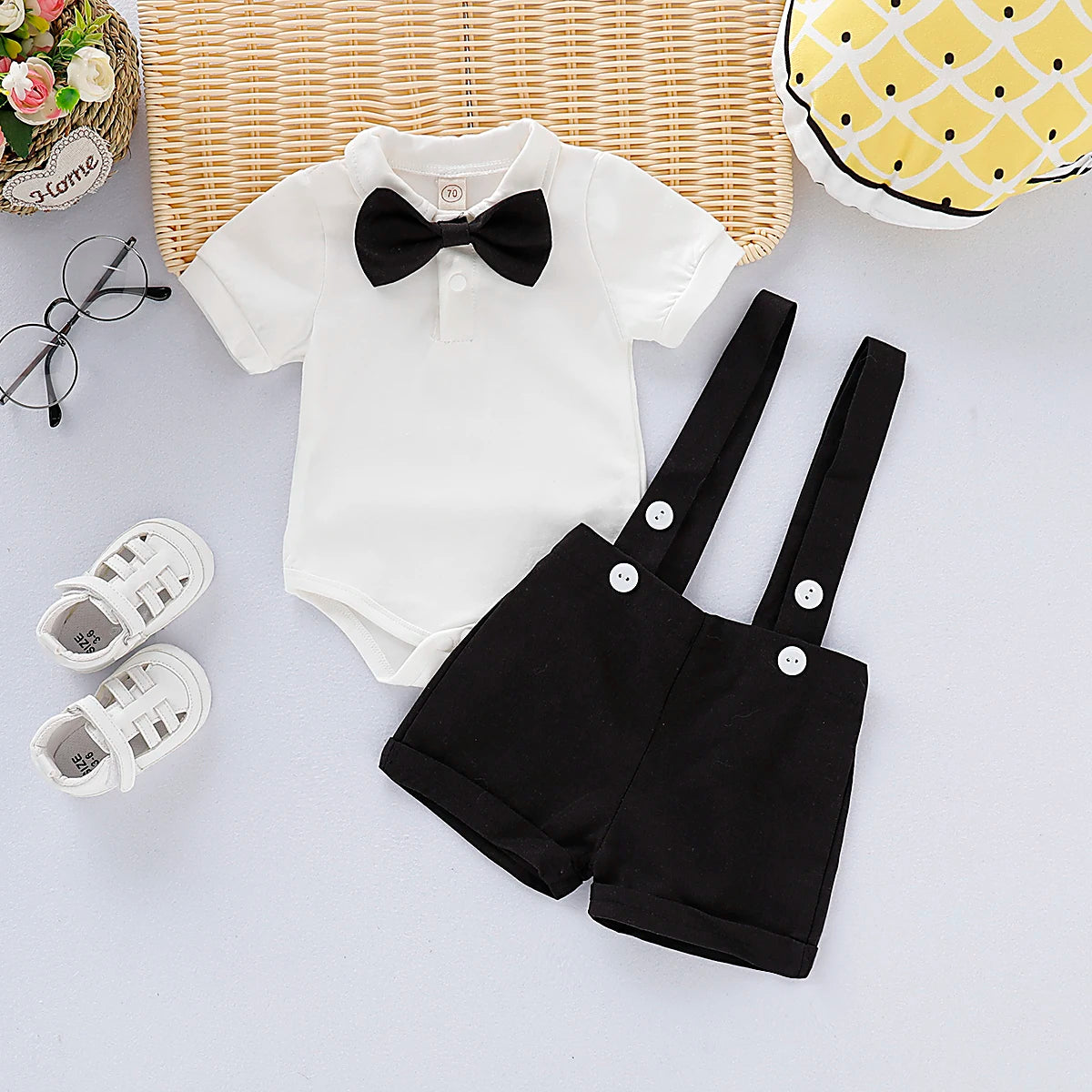 Newborn Baby Boy Gentlemen Clothes Set Bowtie Short Sleeve Cotton Romper+Suspender Pant