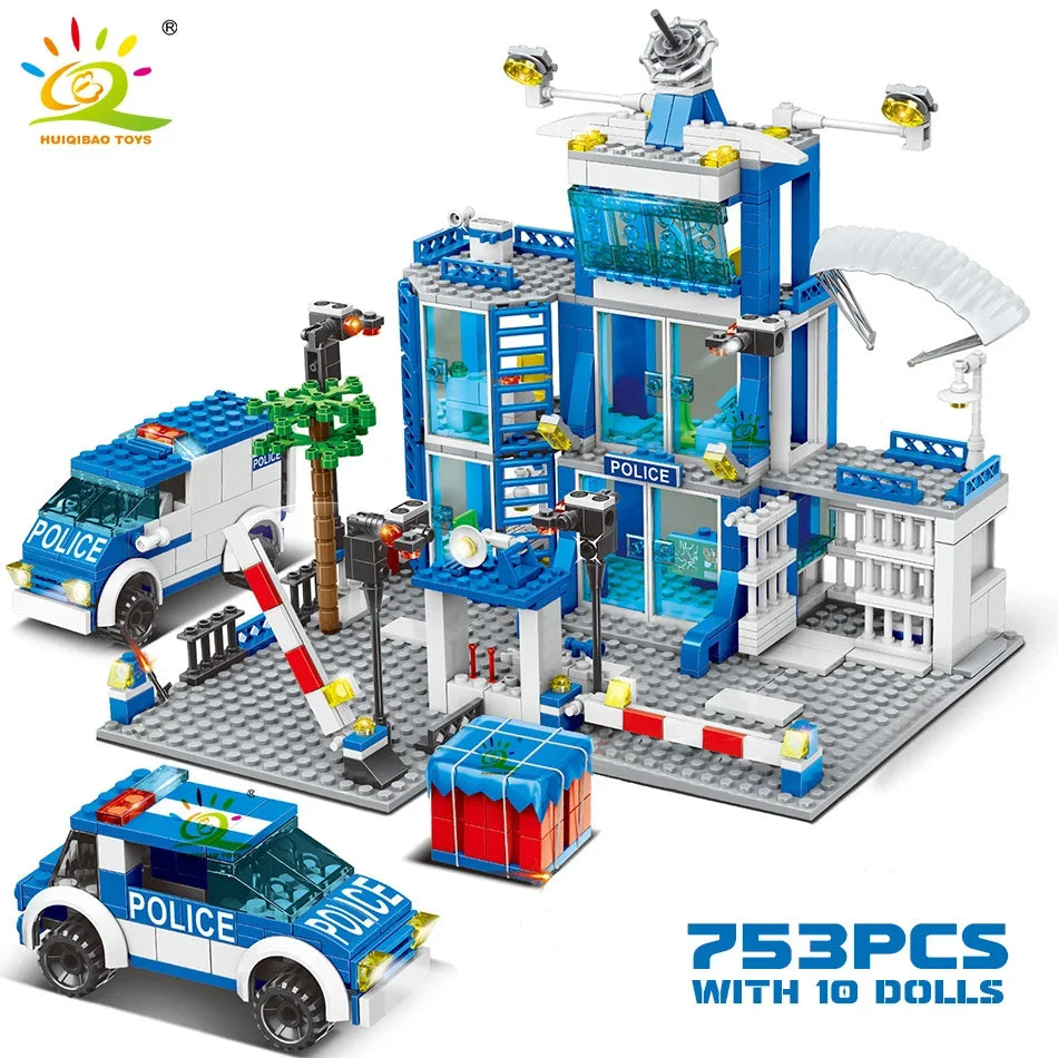 Police Station Building Blocks Set HUIQIBAO 753PCS DIY Car Figures Bricks Educational Toys For Children Adult Gift