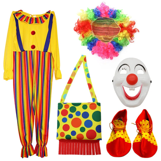 Halloween Adult Clown Costume Set Cosplay Performance Magic Show Party Role Play Props Includes Dress