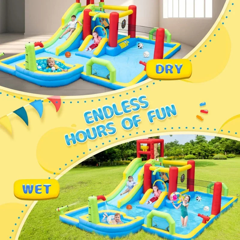 Kids Fun Outdoor Jumping Bouncers with Extra Large Pool Slides