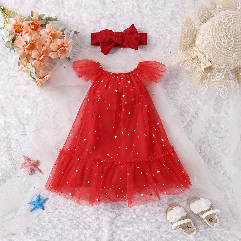 Baby Girl's Sparkly Dress with Matching Headband for Special Occasions and Parties