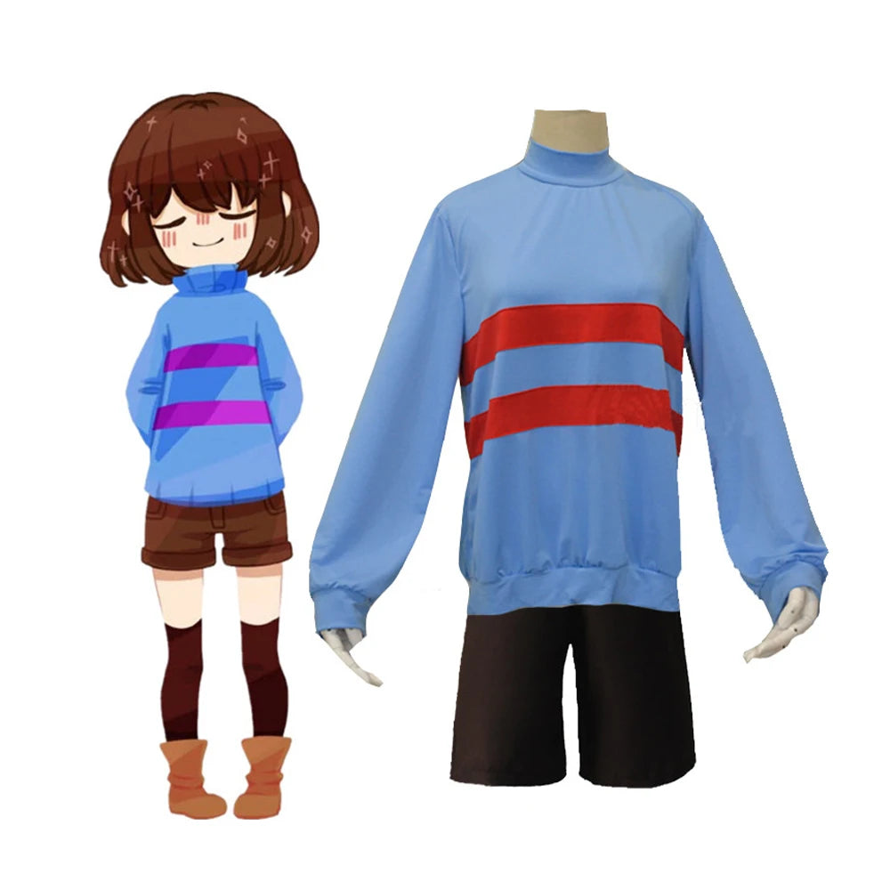 Anime Undertale Frisk Chara Cosplay Costume Andertail Sweatshirt High Collar Long Sleeve Clothes Top + Shorts