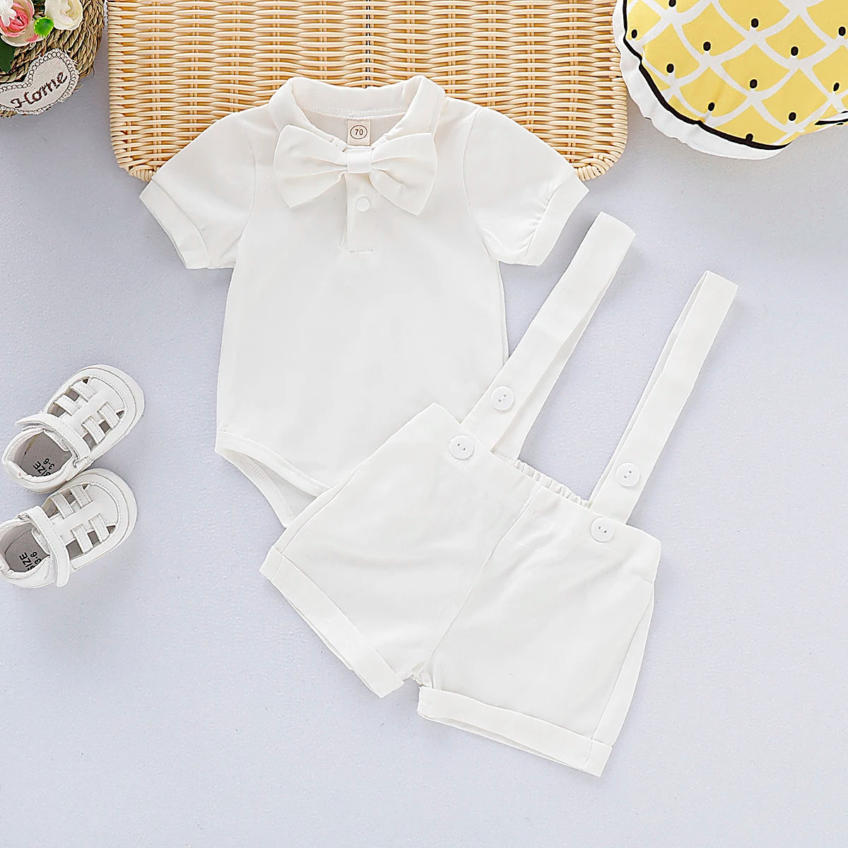 Newborn Baby Boy Gentlemen Clothes Set Bowtie Short Sleeve Cotton Romper+Suspender Pant