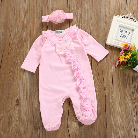 Newborn Baby Girl Clothes  2pcs Long Sleeve Lace Romper & Headband Set