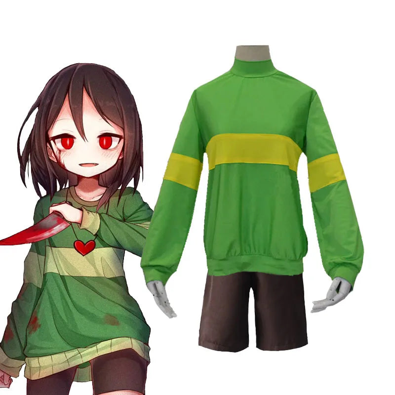 Anime Undertale Frisk Chara Cosplay Costume Andertail Sweatshirt High Collar Long Sleeve Clothes Top + Shorts