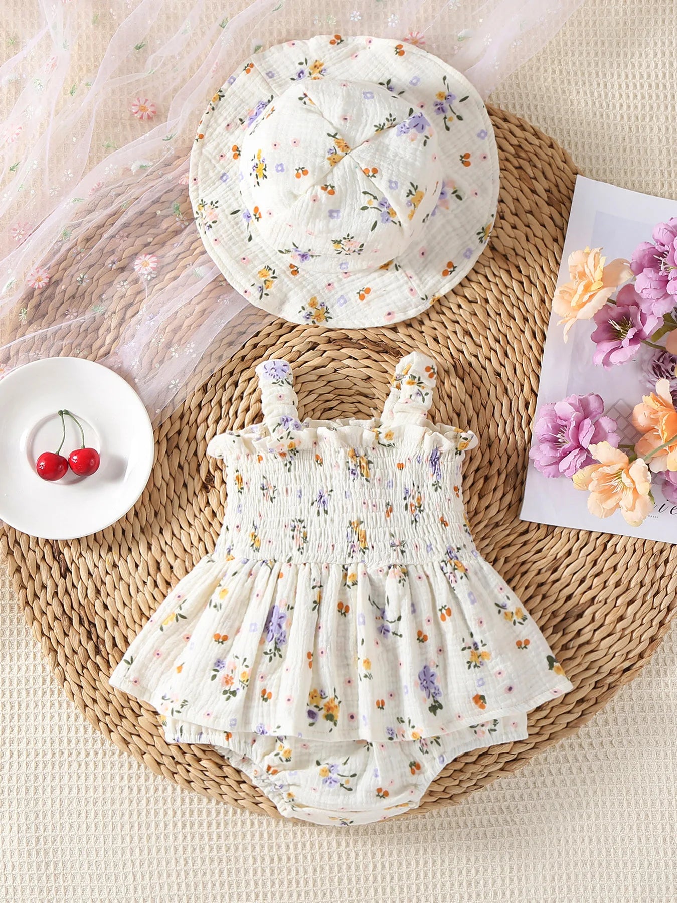 Baby Girl's One Piece Floral Summer Dress With Hat