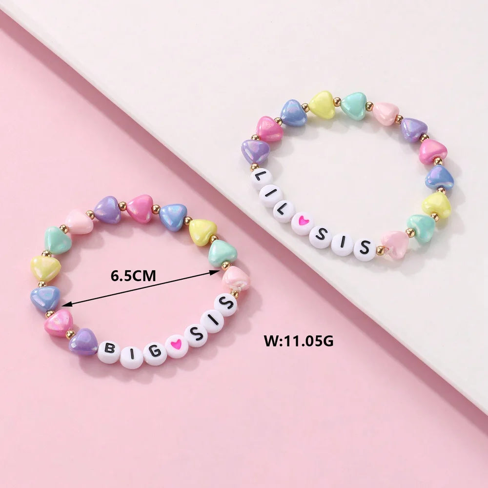 2 Pcs/set "Little Sister and Big Sister" Vibrant Heart-Shaped Beaded Bracelet