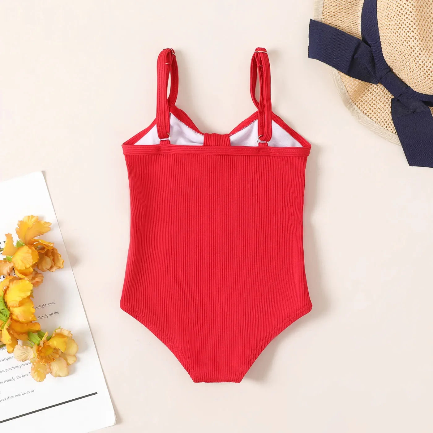 Solid Bow Front Rib-knit One Piece Swimsuit