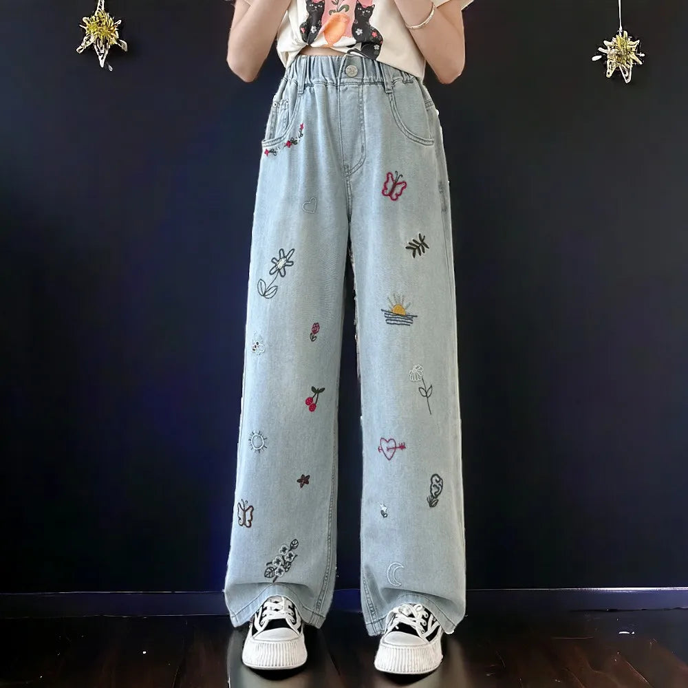 Girls Pattern Baggy Denim Jeans Trousers