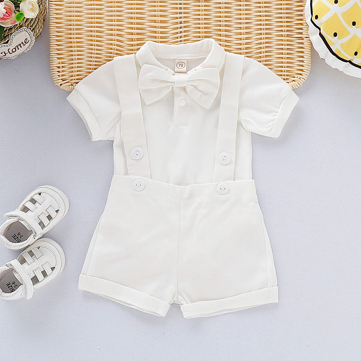 Newborn Baby Boy Gentlemen Clothes Set Bowtie Short Sleeve Cotton Romper+Suspender Pant