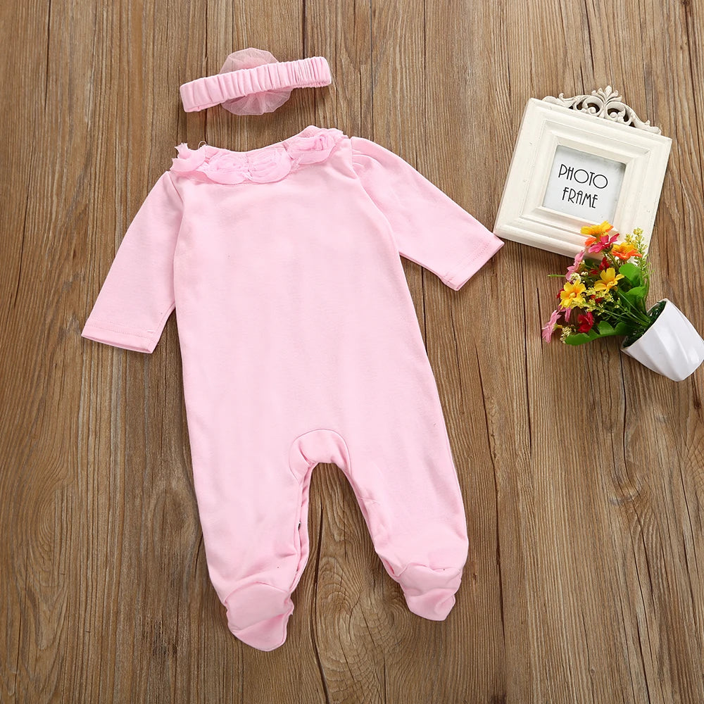 Newborn Baby Girl Clothes  2pcs Long Sleeve Lace Romper & Headband Set