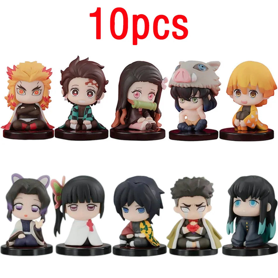 Demon Slayer 10pcs Set Q Version Sitting Ghost Doll Tanjiro Nidouzi Inosuke Zenizu Figure Action Figure Movie Model kid Toy Gift
