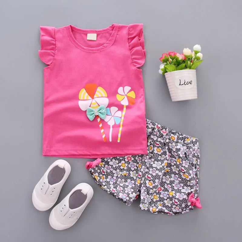 Baby Girl Sleeveless Windmill Printed Clothes Set