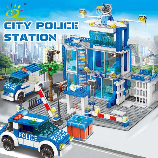Police Station Building Blocks Set HUIQIBAO 753PCS DIY Car Figures Bricks Educational Toys For Children Adult Gift