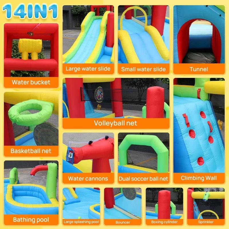 Kids Fun Outdoor Jumping Bouncers with Extra Large Pool Slides