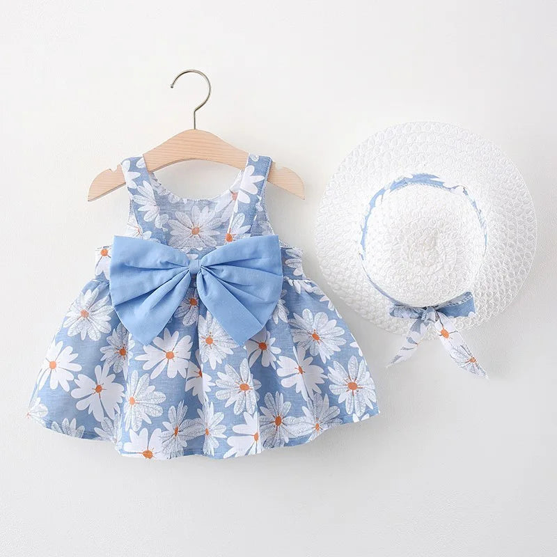 Toddler's Summer Cotton Beach Suspender Dress+Sun Hat