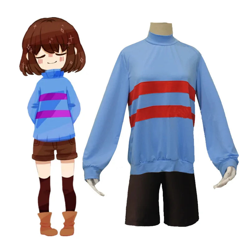 Anime Undertale Frisk Chara Cosplay Costume Andertail Sweatshirt High Collar Long Sleeve Clothes Top + Shorts