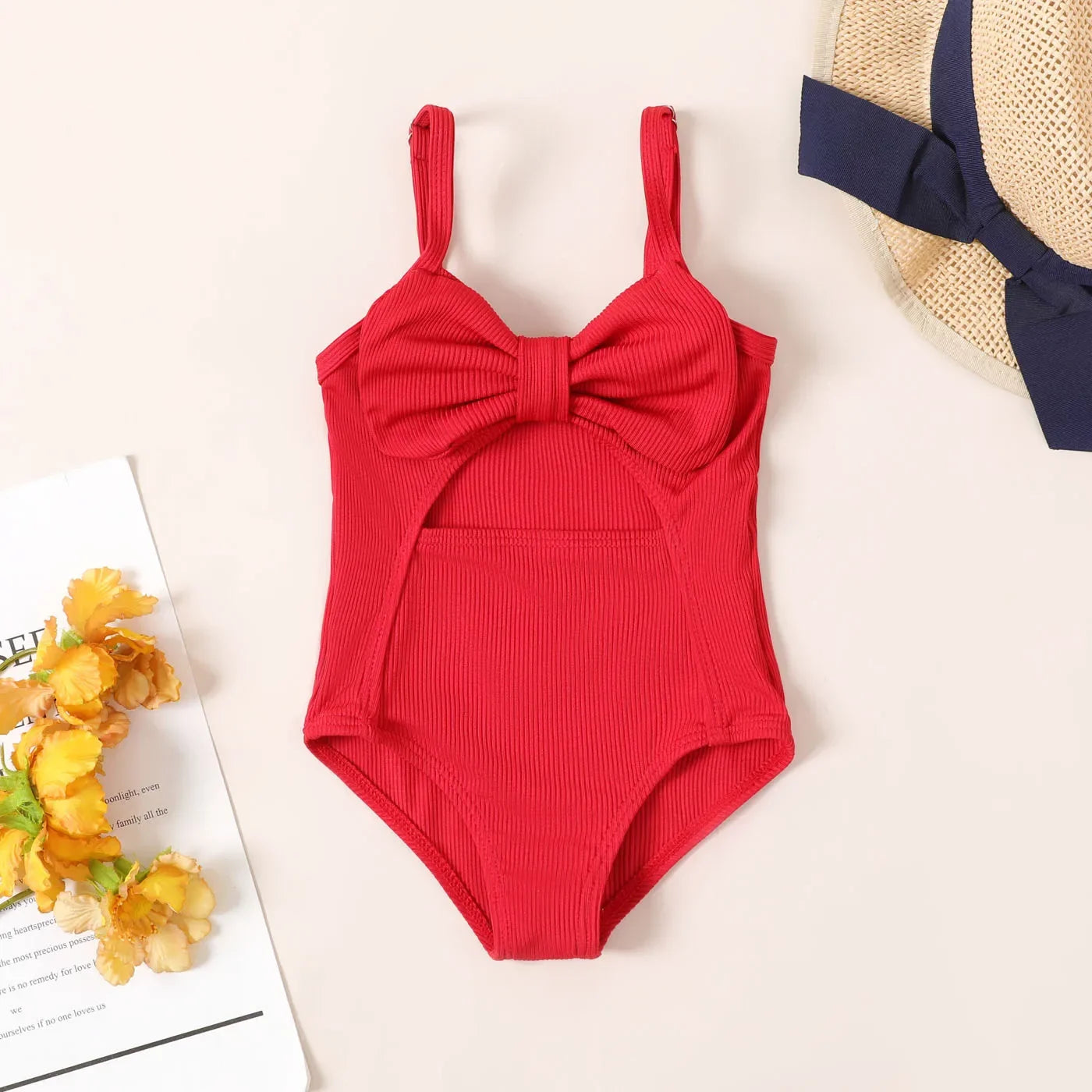 Solid Bow Front Rib-knit One Piece Swimsuit